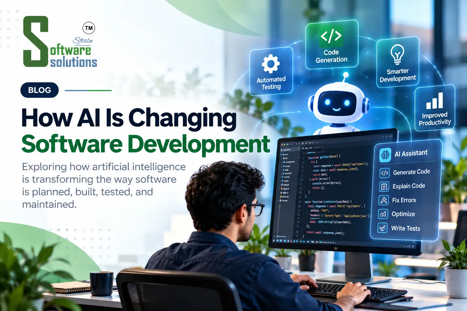 How AI is changing software development, featuring AI-assisted coding, automated testing, code generation, debugging, smarter workflows, and improved developer productivity by Software Solutions.