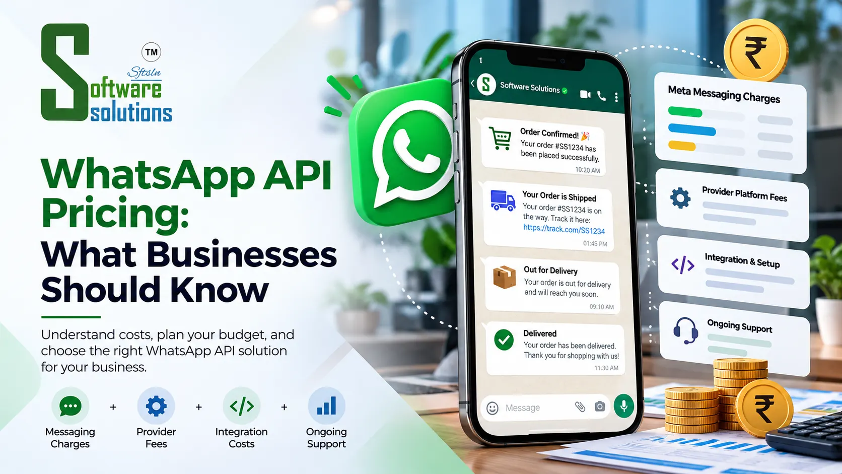 WhatsApp API pricing guide for businesses, featuring messaging charges, provider platform fees, integration and setup costs, ongoing support, and automated WhatsApp order notifications by Software Solutions.