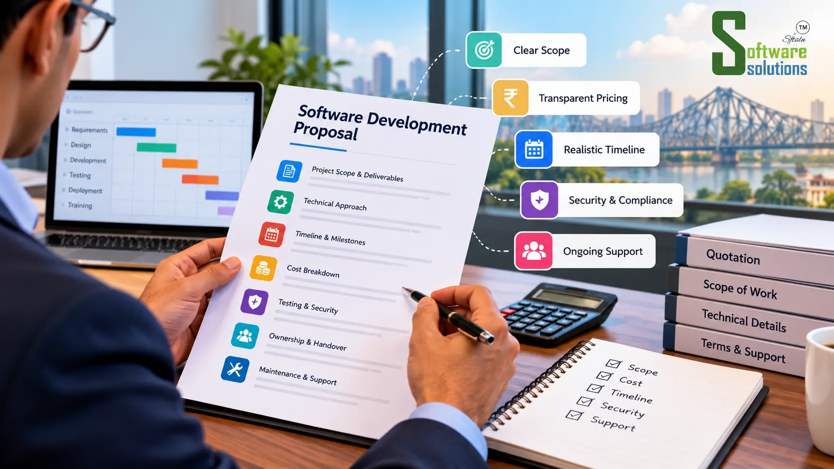 Business professional reviewing a software development proposal with Software Solutions branding, highlighting project scope, transparent pricing, timelines, security, and ongoing support.